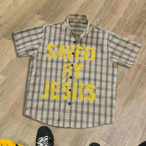 “Saved by Jesus” Cream Flannel Shirt